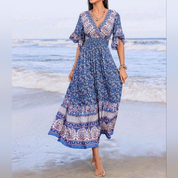 New Flowy Floral Wrap Top Ruffle Sleeve Long Dress Blue - Picture 6 of 8